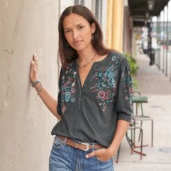 Avril Embroidered Henley, Petite -Abigail Fashion Store 72477e10 a341 4a1e 9f34 4e4d4c963272